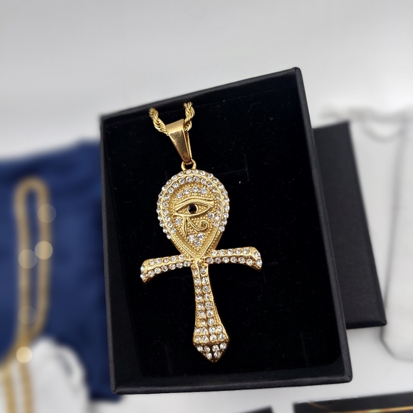 18K Gold Plated Ankh Eye Of Ra Pendant With Rope Chain - Picture 5 of 15